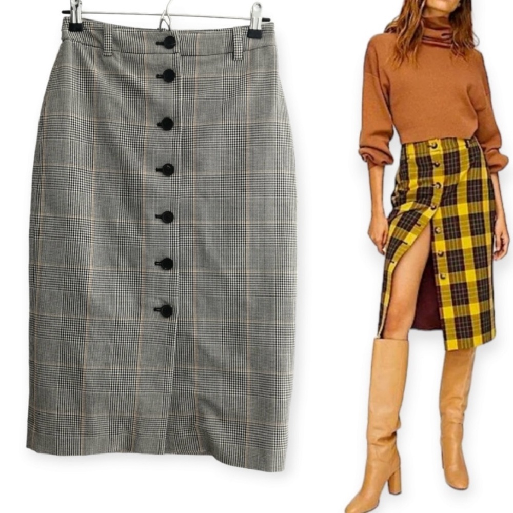 Aritzia Wilfred Leona Button  Front Plaid Midi Pencil Skirt Size 4
